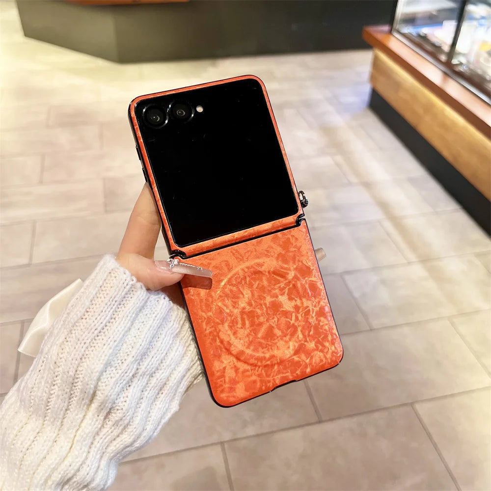 Luxury Leather Magnetic Phone case for Samsung Galaxy Z Flip6 7 FE Flip7 Flip5 6 7 Cover Glitter Shell Pattern Protection Cases