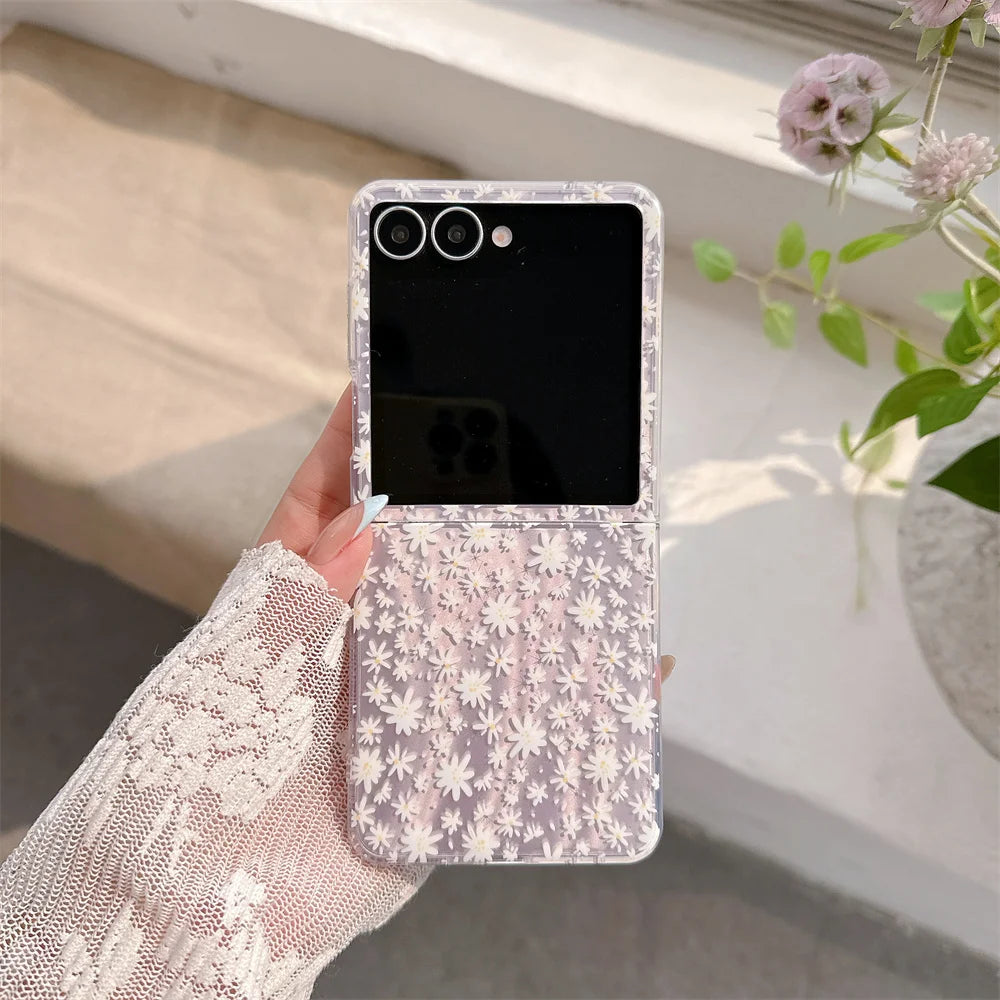 Ins Cute Small Flower Silicone Phone Case for Samsung Galaxy Z Flip5 6 7 Flip6 7 FE Flip7 Flip5 4 3 Cover with Chain Kawaii Cap