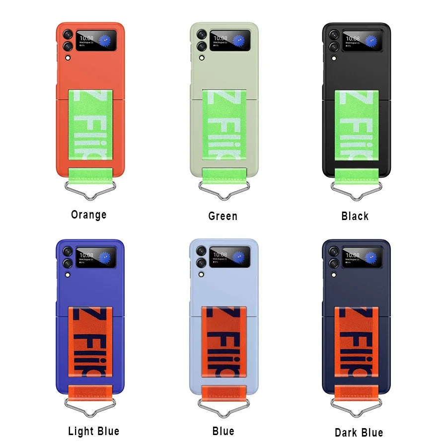 Fashion Hand Strap Phone Case For Samsung Galaxy Z Flip 6 5 4 ZFlip 3  Ultra Thin Hard Plastic Cover Wristband Ring Fundas Coque