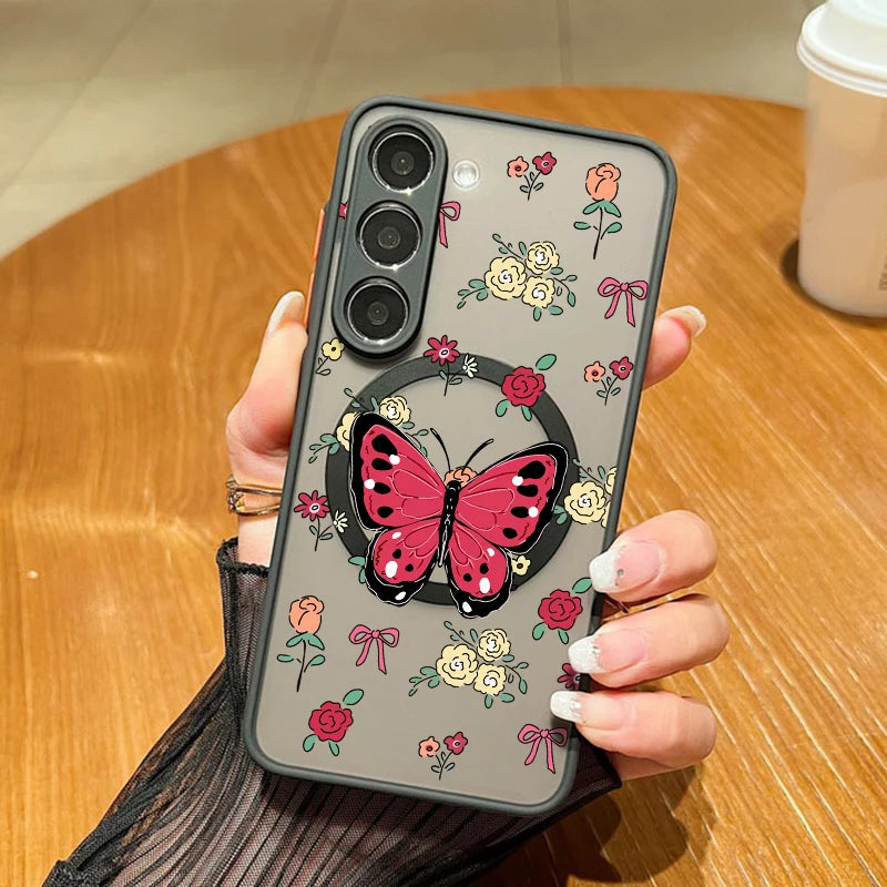 Flowers Print Phone Case For Samsung Galaxy A56 A36 A26 A16 A55 A15 S25 Edge S24 Plus S23 S22 Ultra S24 S23 FE Magnetic Cover