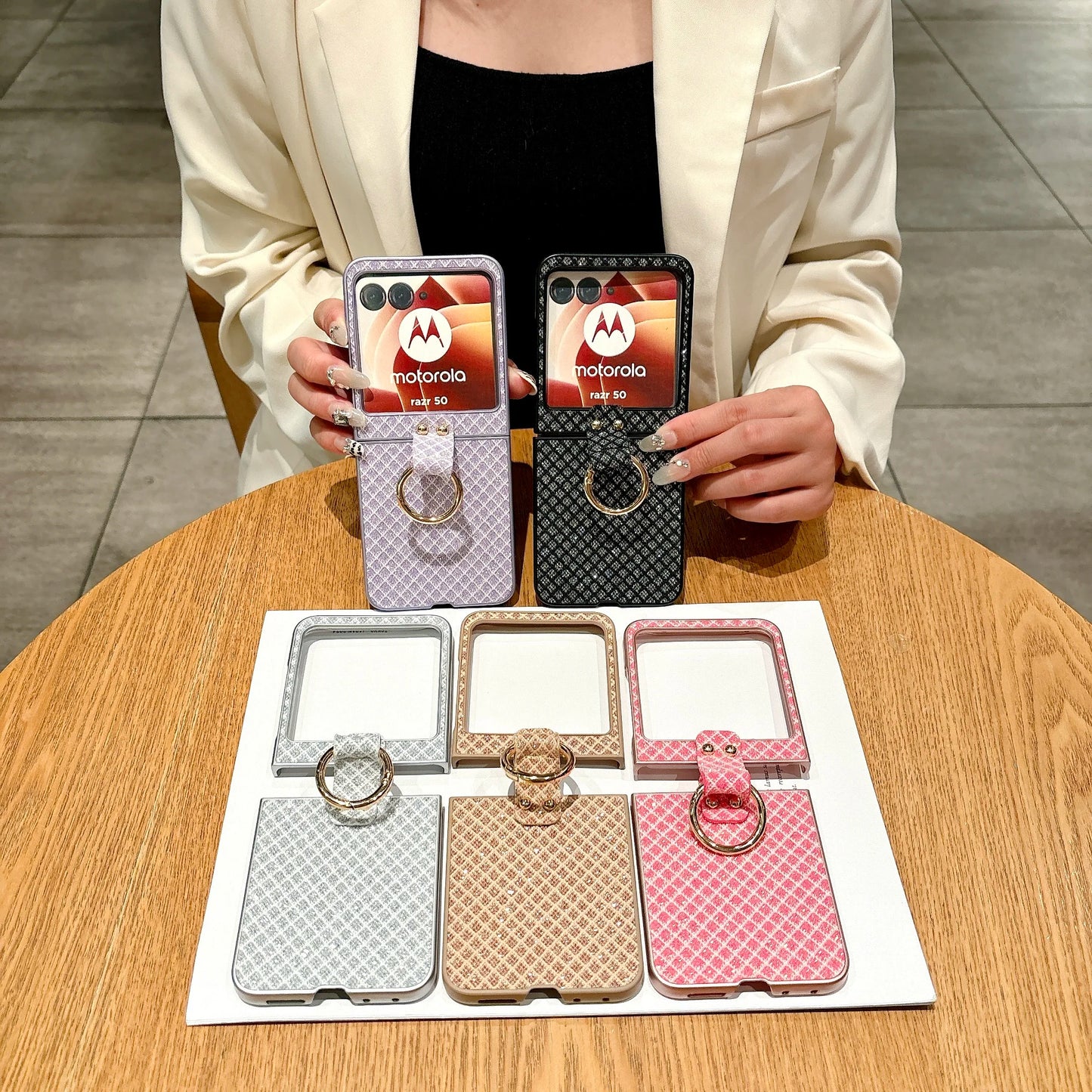 Luxury Glitter Metal Ring Leather Plastic Folding Case For Motorola Razr50 Razr 50 Cover