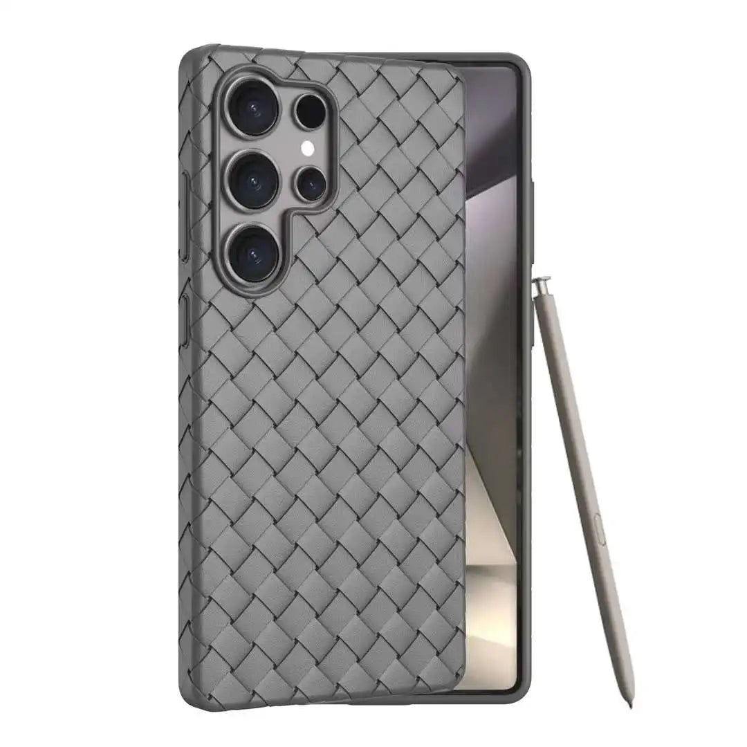 Luxury Leather Breathable Phone Case For Samsung Galaxy S25 Ultra Plus Weave Pattern Mesh Grid Heat Dissipation Cooling Cover