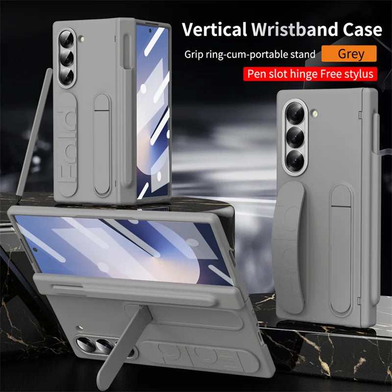 Wristband Holder Hinge Phone Case For Samsung Galaxy Z Fold 7 6 5 4 3 With Pen Slot & S Pen Screen Protector Film Protect Cover
