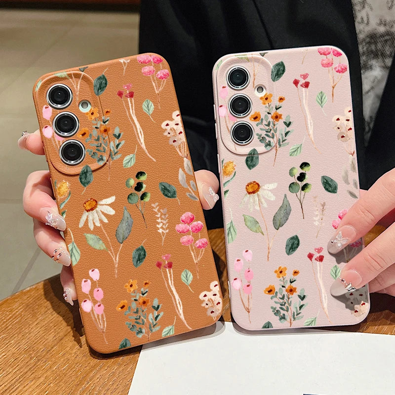 Small Flowers Leather Texture TPU Case For Samsung Galaxy A16 A55 A15 A54 A35 A25 A56 5G S24 FE S25 S23 S22 Ultra Phone Cover
