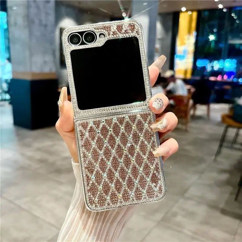 Glitter Bling Plaid Diamond Phone Case For Samsung Galaxy Z Flip 7 Flip6 ZFlip 5 4 Luxury Rhinestone High-end Plating Hard Cover