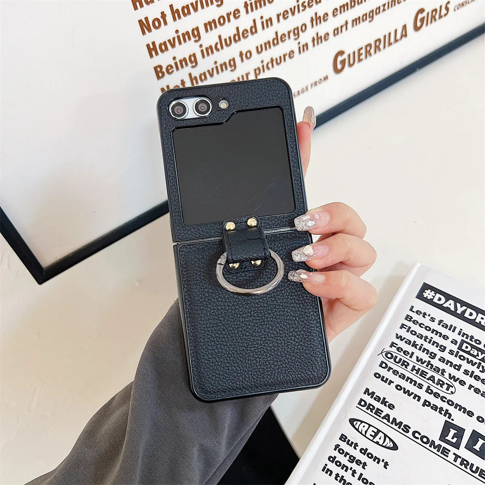 Original Leather Matte Litchi Phone Case For Samsung Galaxy Z Flip 6 5 4 3 Ring Stand Holder Shockproof Cover For Galaxy Flip 6