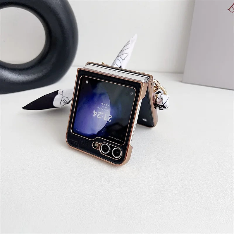 Hand Lanyard Lattice Pattern Phone Cover For Samsung Z Flip5 ZFlip 3 4 Wrist Chain Rope Electroplated Case For Galaxy Flip 6 5