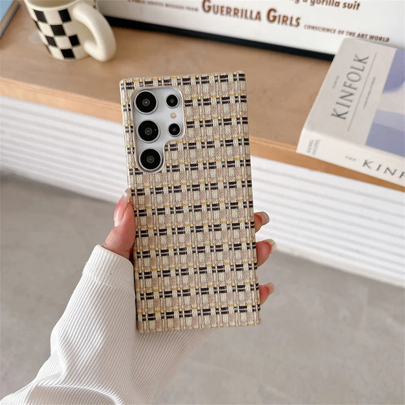 Fashion Grid Woven Cloth Braid Contrasting Color Breathable Phone Case For Samsung Galaxy S24 S23 S22 Ultra TPU Shockproof Cover