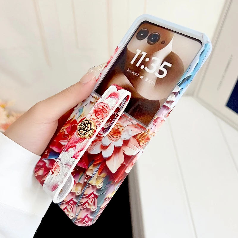 Embossed Watercolor Flower Phone Case For Motorola Razr 60 50 Ultra MOTO RAZR 60Ultra Aesthetic Camellia Wristband Back Cover