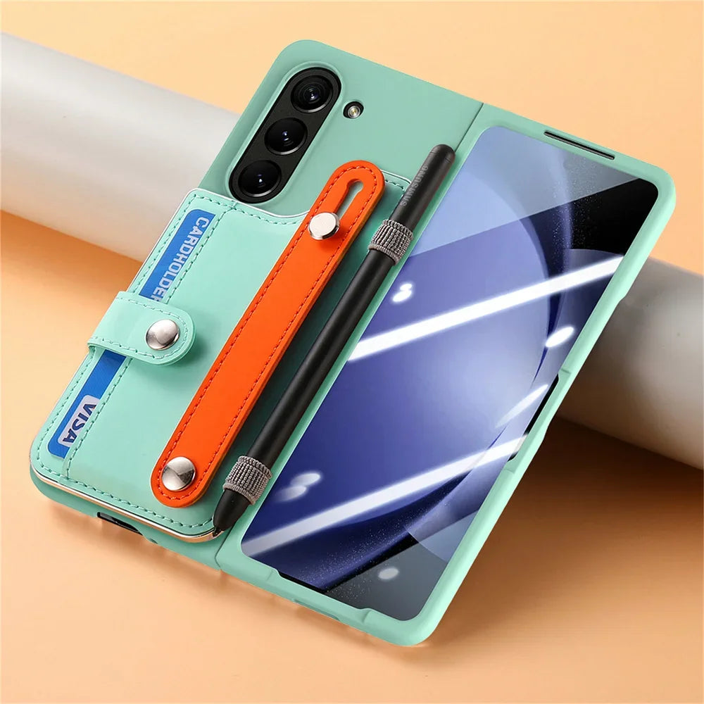 For Samsung Galaxy Z Fold 6 5 Fold6 Fold5 5G Card Slot Wallet Case with Pen Holder & Screen Protector Wrist Strap Cover(NO Pen)
