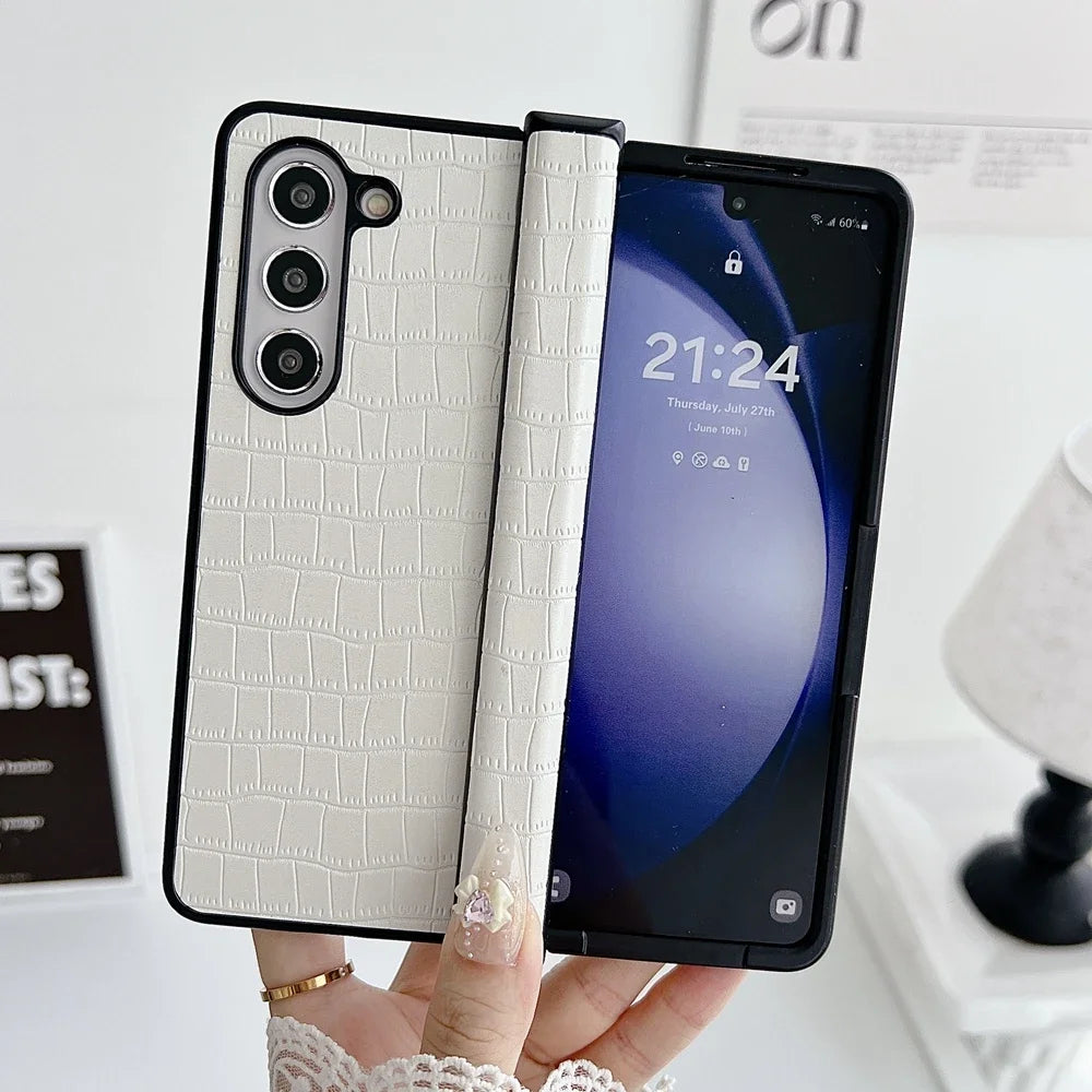 Luxury Business Crocodile Pattern Case For Samsung Galaxy Z Fold 3 4 5 6 Hinge Protector Shockproof Cover For Galaxy Fold5 Fold6