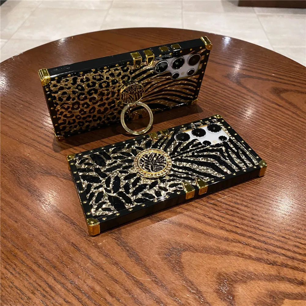 Feather Leopard Print Plating Flower Case For Samsung Galaxy S25 S23 S24 FE S22 S21 S20 A16 A26 A15 A25 A55 A54 Ring Cover