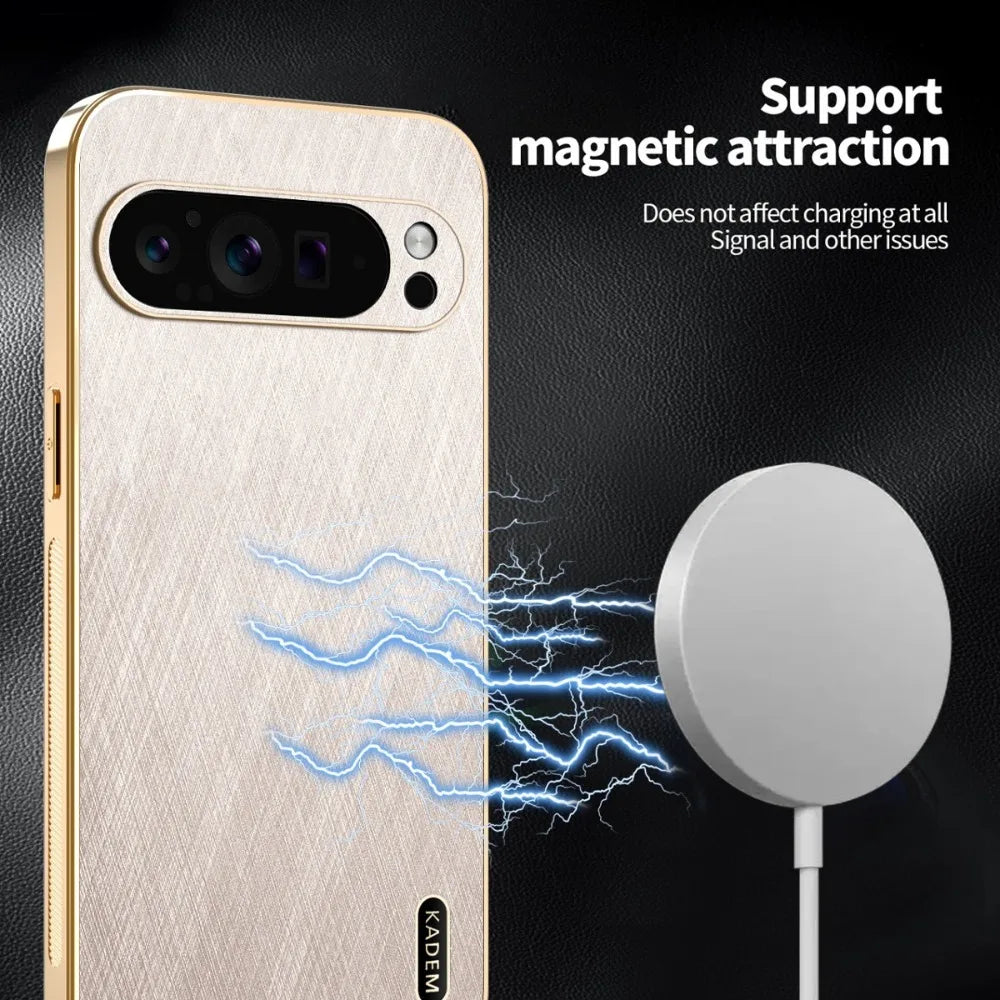 Plating Gold Silk Skin Phone Case for Google Pixel 9 8 7 6 10 Pro XL 8A 7A 6A All Around Protect Shell Leather Shockproof Cover