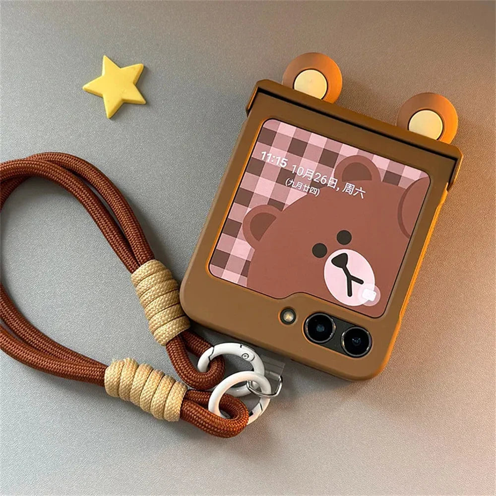 Ins Korean Cute Cartoon Bear Ears Phone Case For Samsung Galaxy Z Flip 6/5/4/3 For Motorola Razr 40 50 Ultra Japan Anime Cover