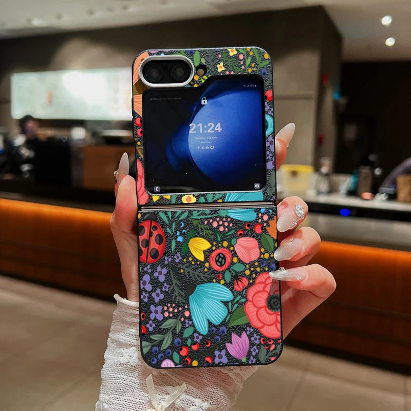 Romantic Garden Flower Case For Samsung Z Flip4 Flip5 Flip6 5G Leather Texture TPU Folding Cover For Samsung Galaxy Z Flip 3 4 5