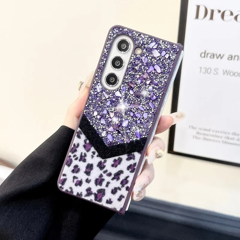 Luxury Bling Rhinestone Leopard Print Case For Samsung Galaxy Z Fold 6 5 4 3 5G Fold4 Fold5 Cover Fold6 Fashion Bracelet Shell