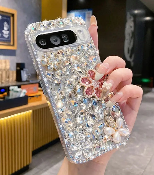 Handmad Diamond Pearl Flower Case For Google Pixel Fold 9 Pro XL 7A 8A 8 9Pro 6A Shine Rhinestone Cover Camera Protection Shell