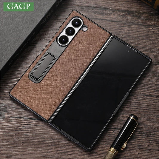 For Samsung Galaxy Z Fold 6 5 Luxury Leather Invisible Stand Holder Case Shockproof Bumper Back Cover For Galaxy Fold 4 3 Fold 6