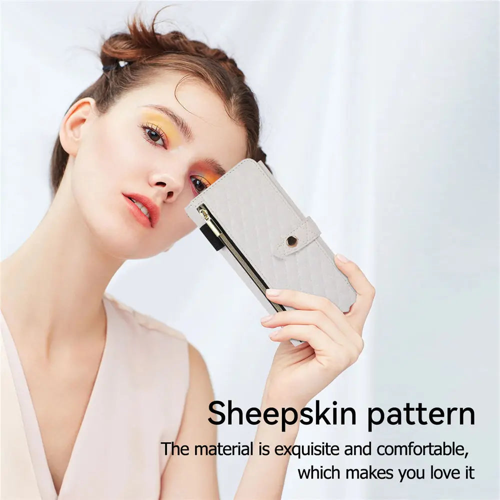 Rhombic Zipper Crossbody Wallet Case For Samsung Galaxy Z Fold 6 Fold 5 4 3 Cards Slots Long Lanyard Leather Cover