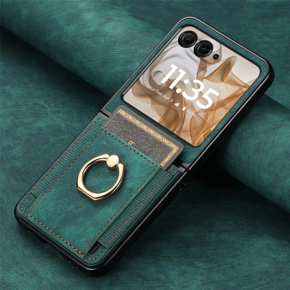 For Motorola Razr 50 Ultra Mooto Razr40 Retro Plain PU Leather Card Slot Holder Wallet Phone Case Ring Bracket Shockproof Cover