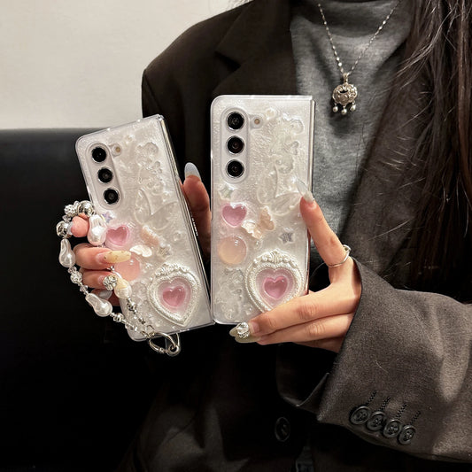 Pink heart-shaped 3D phone case for Samsung Galaxy Z Fold 6 5 4 rear cover pearl bracelet shock-absorbing phone case