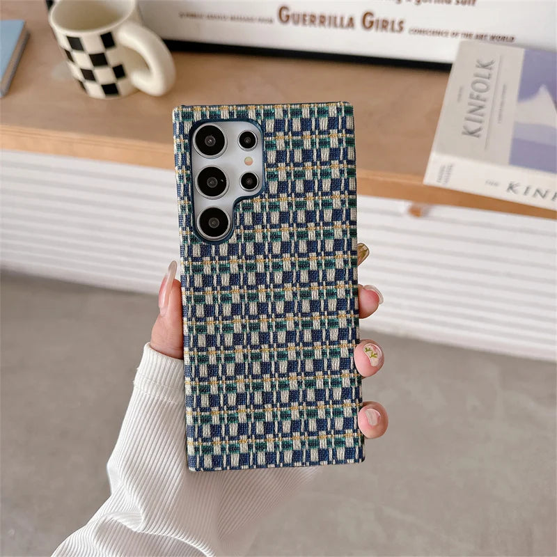 Fashion Grid Woven Cloth Braid Contrasting Color Breathable Phone Case For Samsung Galaxy S24 S23 S22 Ultra TPU Shockproof Cover
