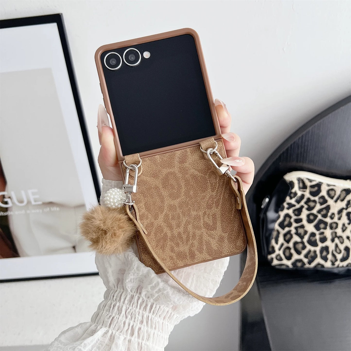 Luxury Classics Leopard Print Phone Case with Hairball Strap for Samsung Galaxy Z Flip 7 Z Flip7 ZFlip 7 Zflip7 Back Cover