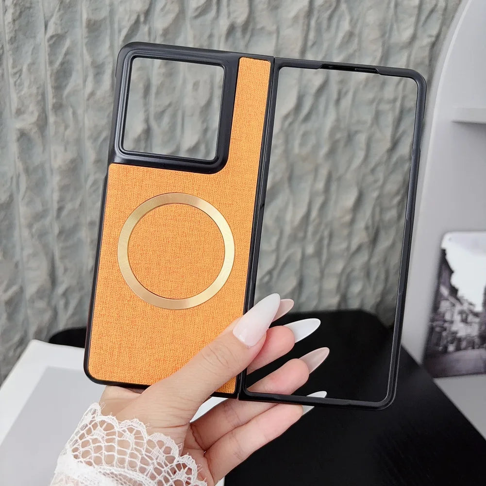 with Magnetic Ring Plain Leather Case For Motorola Razr Fold Luxury Cloth Wireless Charging Protective Cover