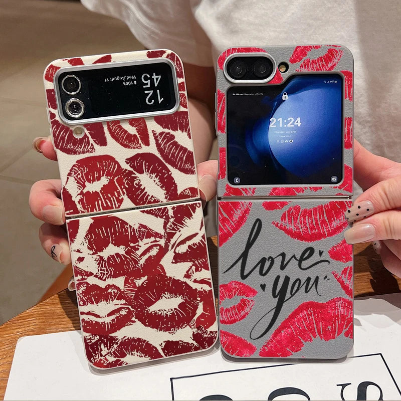 Red Lips Print Folding Phone Case For Samsung Galaxy Z Flip 6 5 4 3 Leather Texture TPU Cover For Samsung Z Flip6 Flip5 Flip4 5G