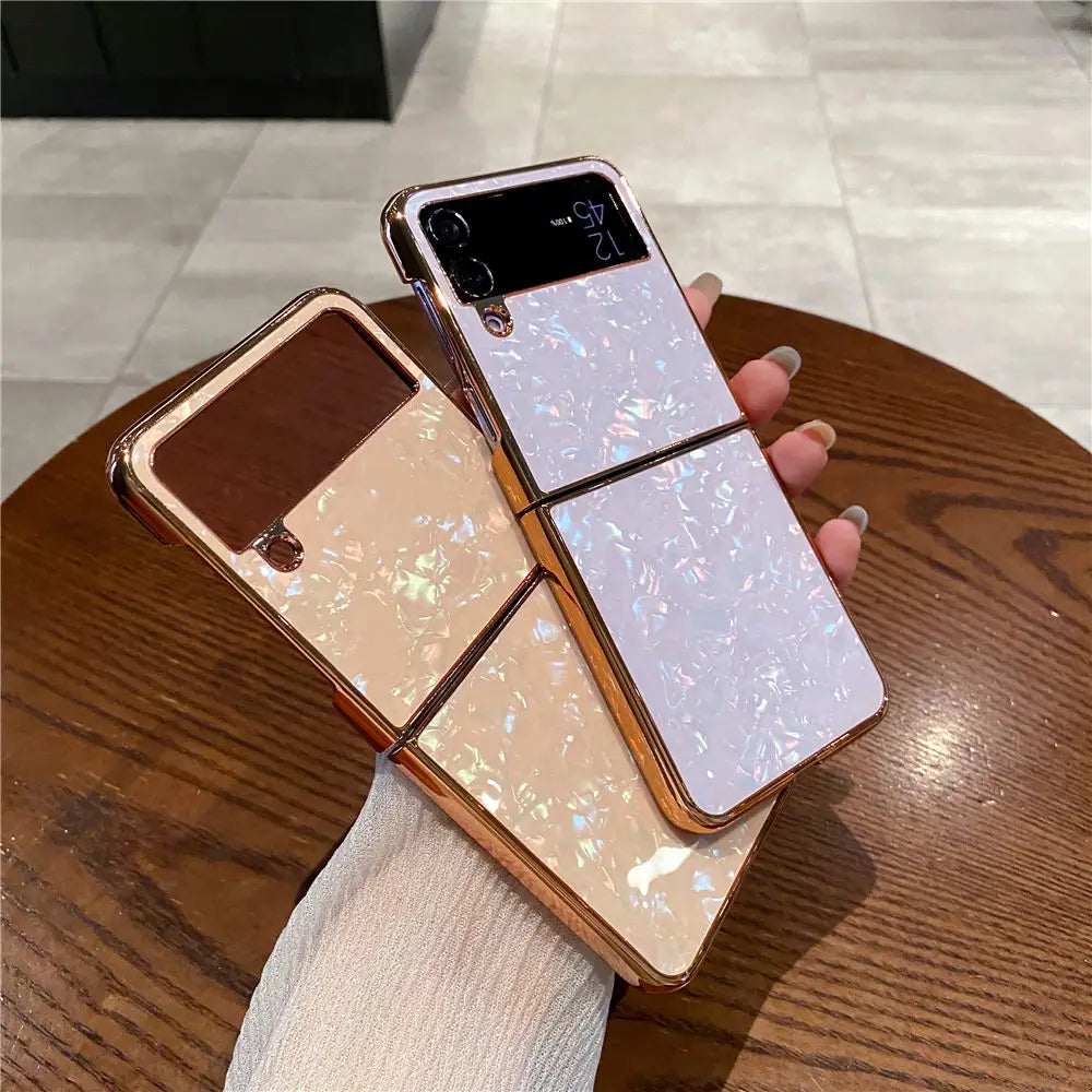Shell Pattern Gold Plating Glitter Case For Samsung Z Flip 6 Flip 5 Flip 3 4 Cover Back Shell