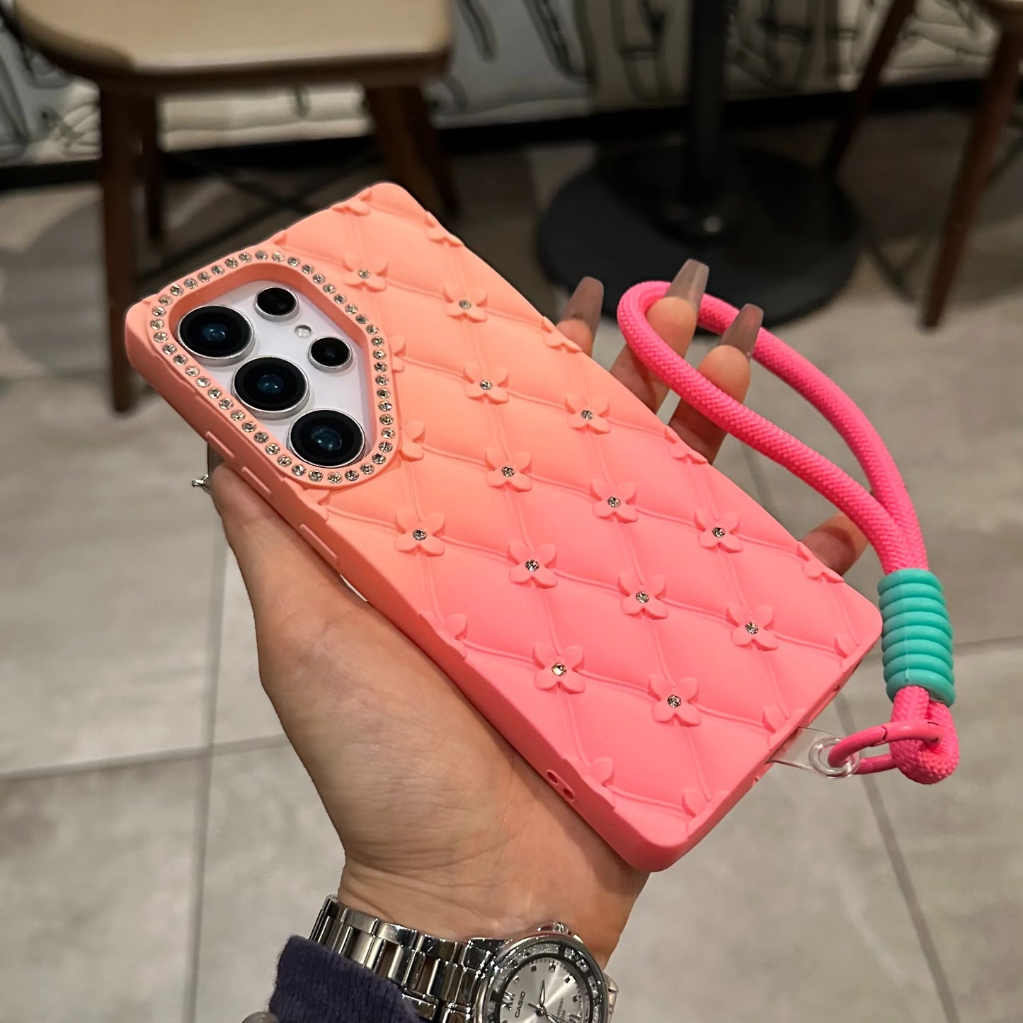 Luxury Glitter Diamond 6D Flowers S25 Edge Gradient Case For Samsung Galxy S25 S24 S23 Ultra Plus FE A26 A16 Wrist Strap Cover