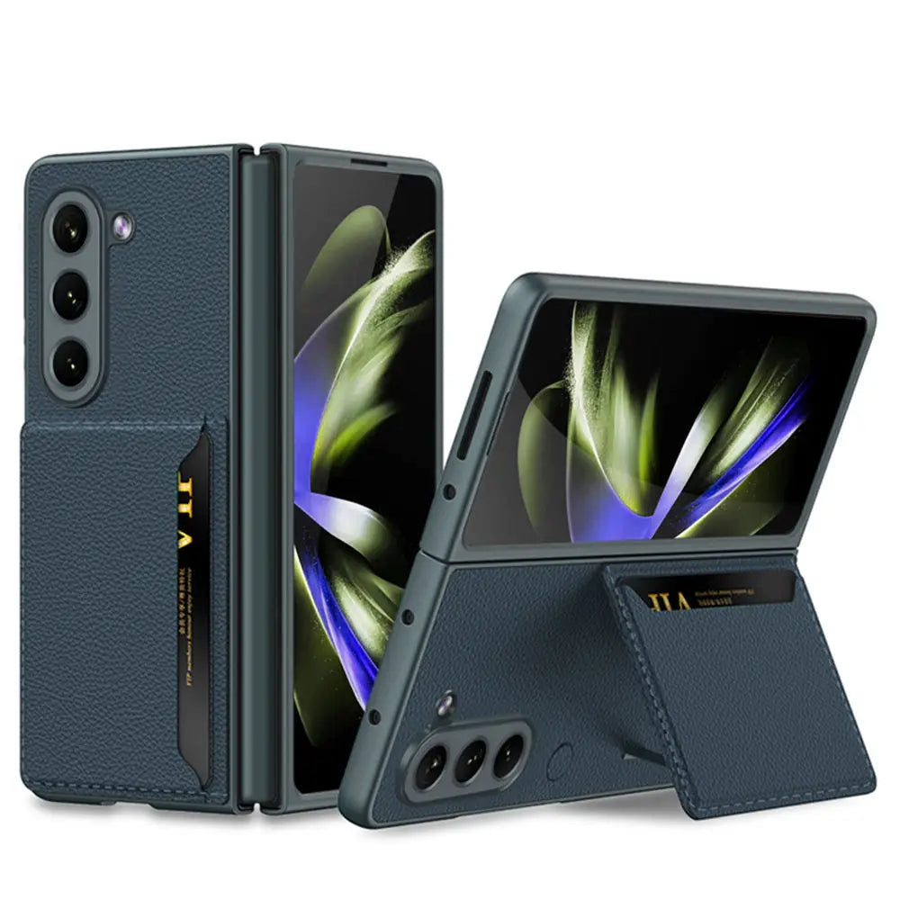 for Samsung Galaxy Z Fold 5 Card Bag Plain Leather Case Anti-fingerprint Delicate Touch Drop-proof Full Protection Cover
