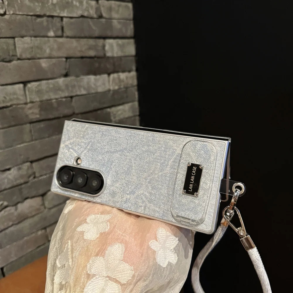 With Bracket Lanyard Phone Case For Samsung Galaxy Z Fold 7 6 5 4 3 Silver Luxury Leather Brief Shockproof Cover For Fold7 6