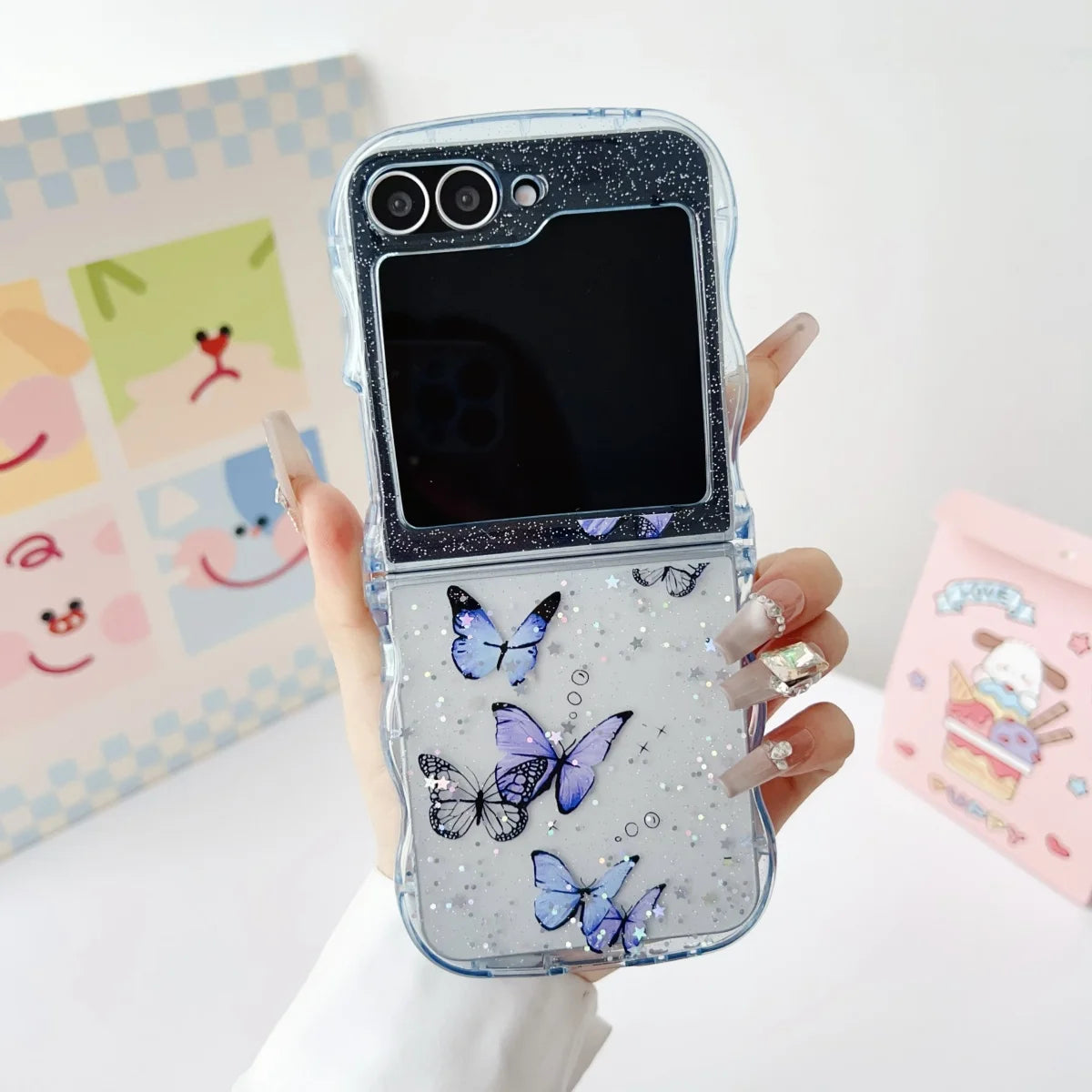 Luxury Cute Arc Wave Butterfly Bling Glitter Laser Sequins Case For Samsung Galaxy Z Flip 6 5 4 3 Soft Silicone Shockproof Cover