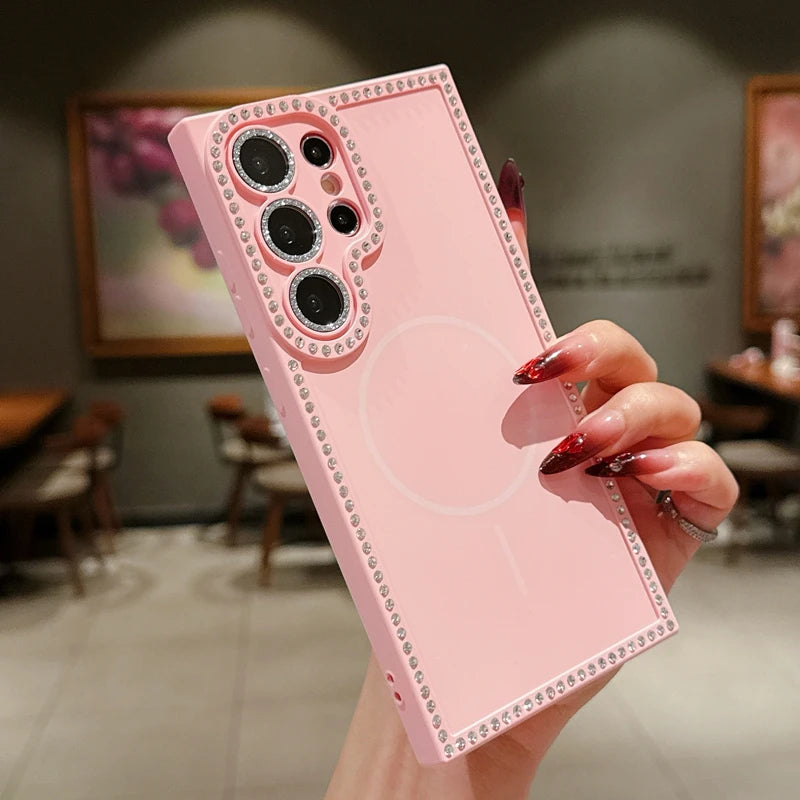Diamond Camera Magsafe Phone Case For Samsung Galaxy S25 S24 FE S23 Plus S25 Ultra Magnetic Silicone Protector Shockproof Cover