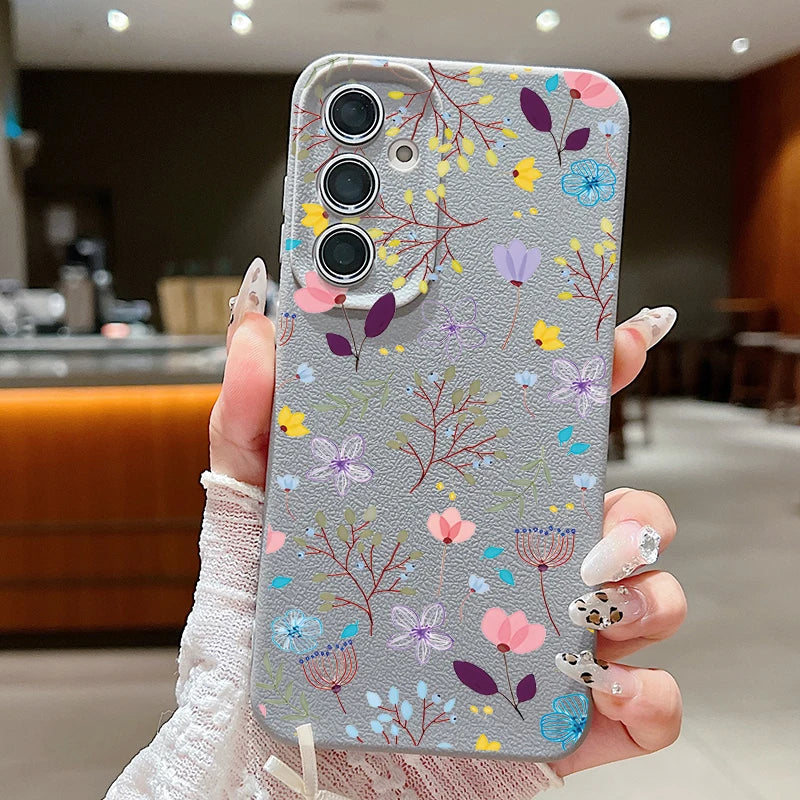 Floral Flowers Leather Texture TPU Case For Samsung Galaxy S24 FE S25 S23 S22 Ultra A16 A55 A15 A54 A35 A25 A56 5G Phone Cover