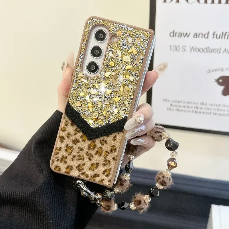 Luxury Bling Rhinestone Leopard Print Case For Samsung Galaxy Z Fold 6 5 4 3 5G Fold4 Fold5 Cover Fold6 Fashion Bracelet Shell