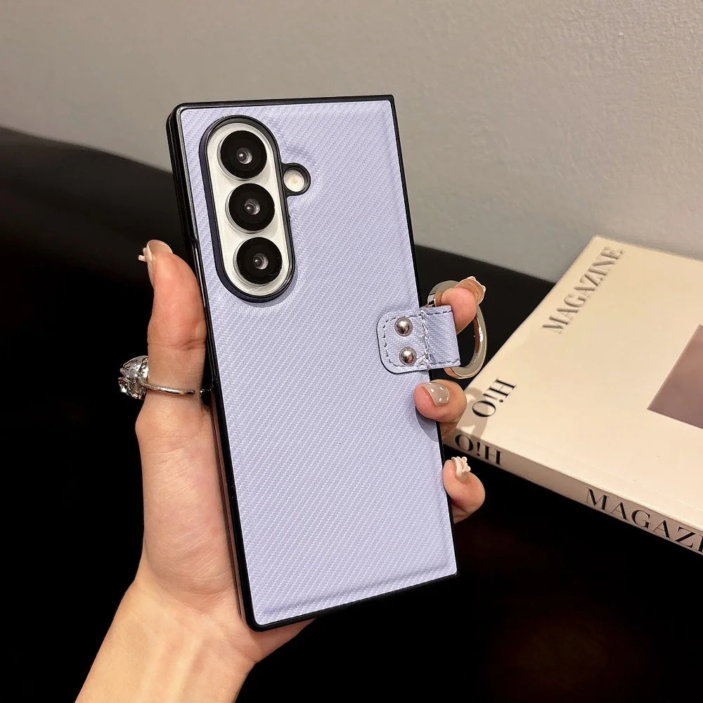 Luxury PU Leather Ring Bracket Phone Case For Samsung Galaxy Z Fold 7 6 5 4 3 Solid Color Shockproof Protection Folding Cover