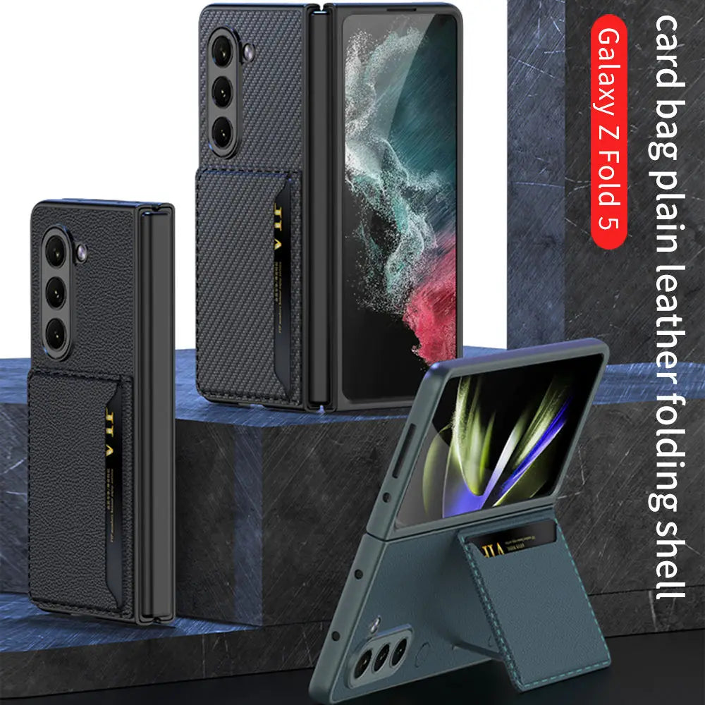 for Samsung Galaxy Z Fold 5 Card Bag Plain Leather Case Anti-fingerprint Delicate Touch Drop-proof Full Protection Cover