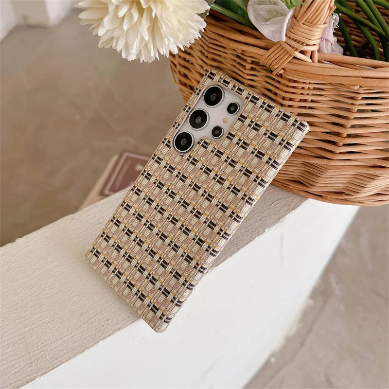 Fashion Grid Woven Cloth Braid Contrasting Color Breathable Phone Case For Samsung Galaxy S24 S23 S22 Ultra TPU Shockproof Cover