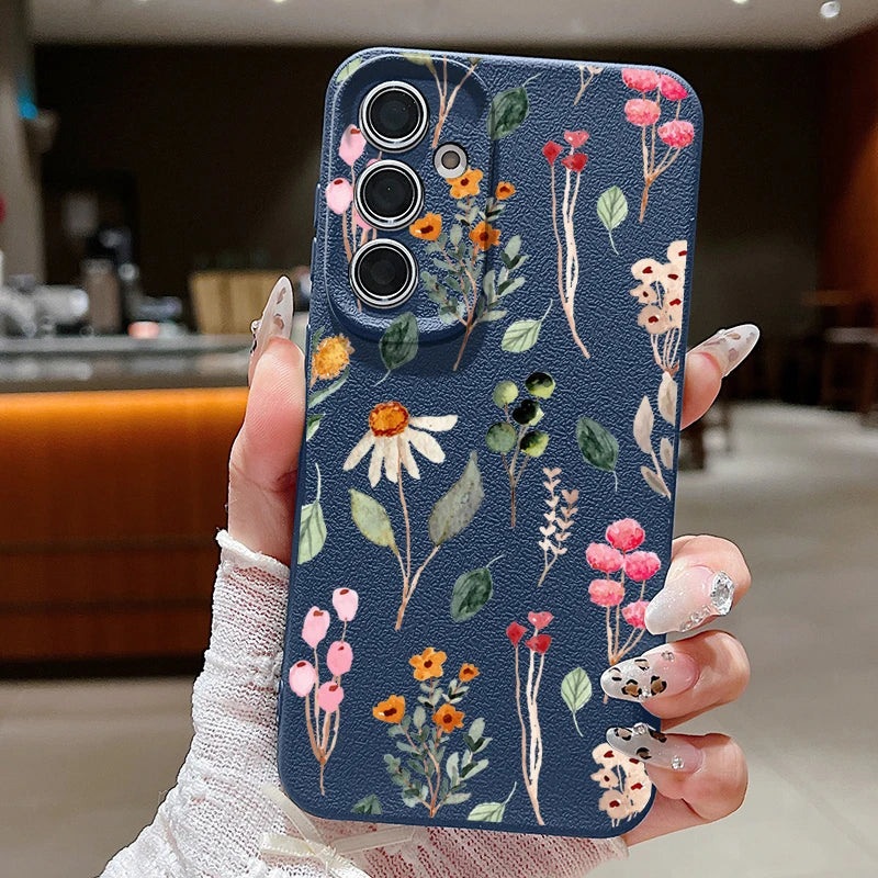 Small Flowers Leather Texture TPU Case For Samsung Galaxy A16 A55 A15 A54 A35 A25 A56 5G S24 FE S25 S23 S22 Ultra Phone Cover