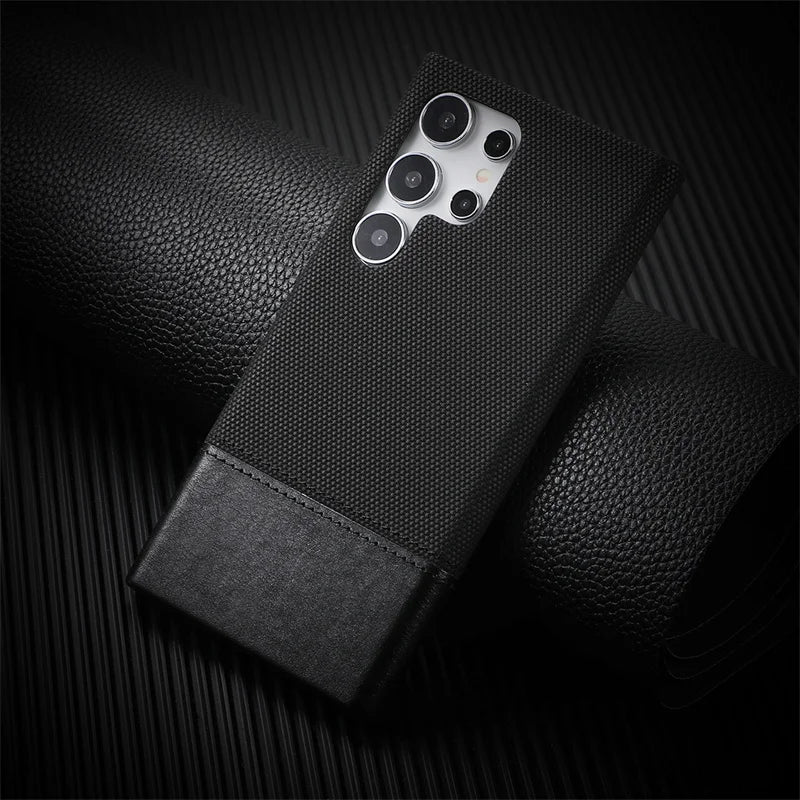 For Samsung Galaxy S23 S24 S25 Ultra Personalised Nylon Fabric Stitched With Leather Case Frameless Cooling Shockproof PC Cover