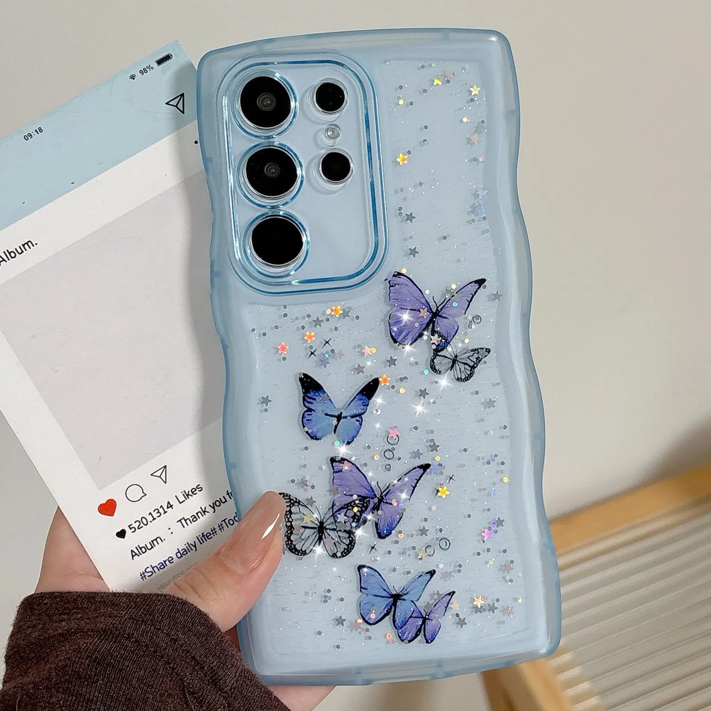 Glitter Starry Sky Butterfly Resin Irregular Wavy Edge Phone Case for Samsung Galaxy S 22 23 24 25 Ultra Plus FE Anti-drop Cover