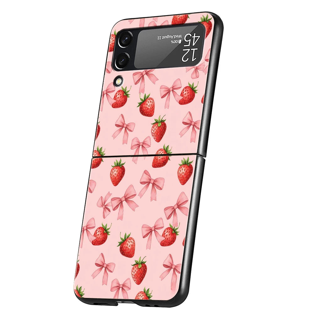 Two White Strawberries Simple Hard PC Phone Case For Samsung Galaxy Z Flip 7 6 5 4 Black Cover For Galaxy Z Flip 3 Foldable Capa