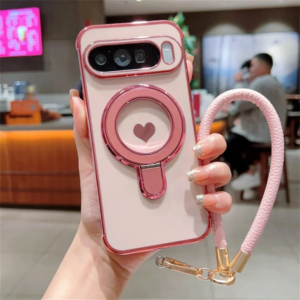 Cute Love Heart Wrist Strap Bracket Case for Google Pixel 8 9 Pro XL 9A 8A 7A Ring Holder Stand Lanyard Plating Soft TPU Cover
