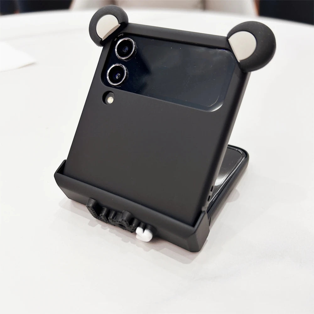 Korean Cute Pink Bear Ear Lucky Phone Case For Samsung Galaxy Z Flip 6 Zflip5 Cartoon For Z Flip3 Flip4 Hinge Protective Shell