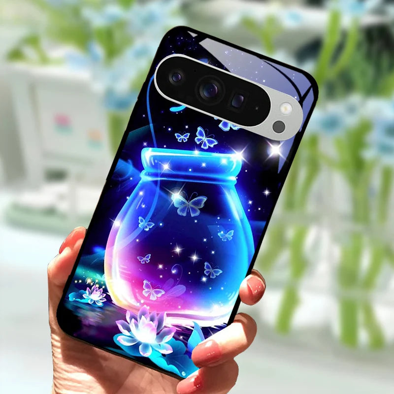 Fashion Glass Case For Google Pixel 9 Pro XL Tempered Glass  Black Phone Cover For Google Pixel 9a Pixel9 Funda Protector Cases
