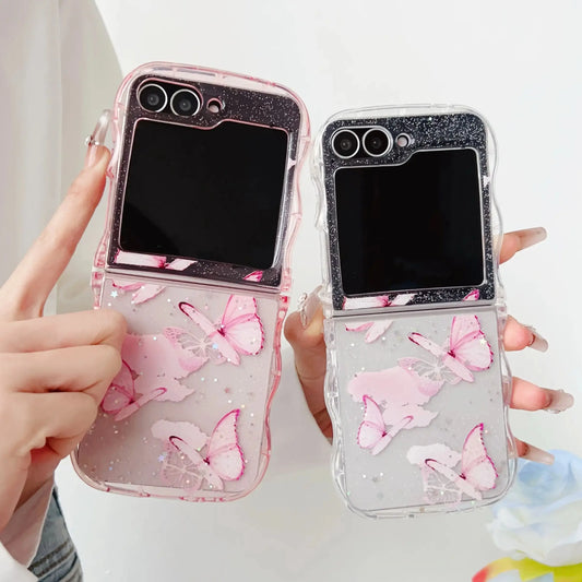 Butterfly Glitter Transparent Wavy Edge Silicone Case For Samsung Galaxy Z Flip 6 5 4 3 Sparkling Sequins Shockproof Phone Cover