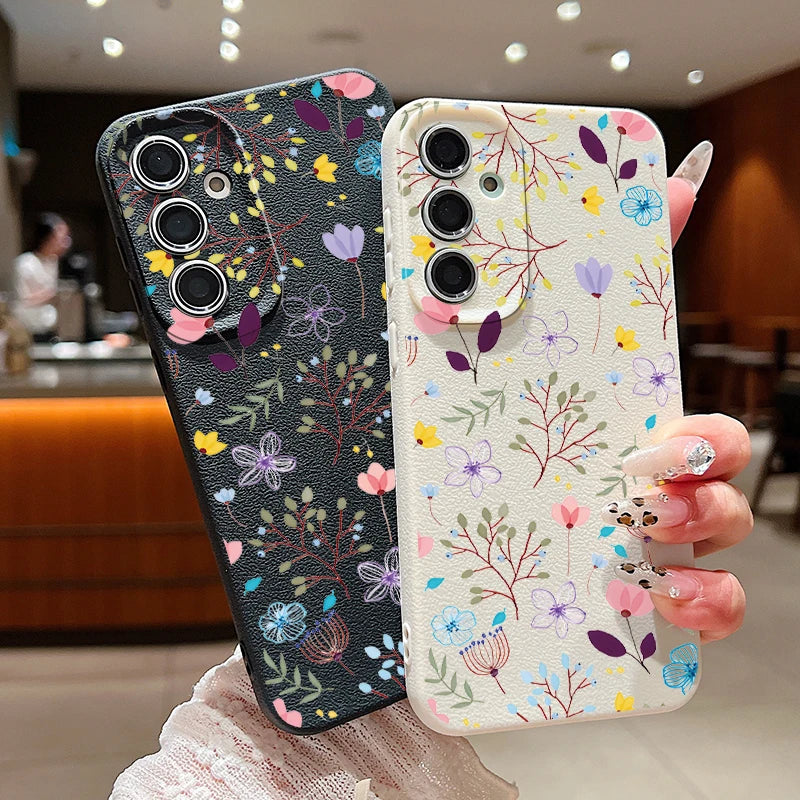 Floral Flowers Leather Texture TPU Case For Samsung Galaxy S24 FE S25 S23 S22 Ultra A16 A55 A15 A54 A35 A25 A56 5G Phone Cover