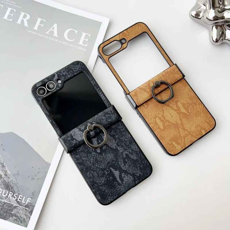Luxury Lizard Texture Leather Foldable Phone Case For Samsung Galaxy Z Flip 3 4 5 6 Ring Holder Shockproof Proteciton Back Cover